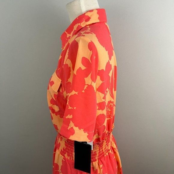 NWT HALOGEN X ATLANTIC-PACIFIC Orange Pink Floral‎ Smocked Utility Dress Coral - Picture 6 of 10